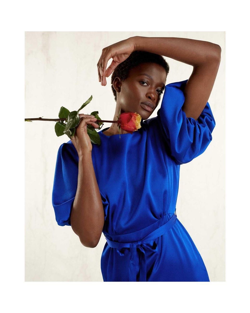 Femponiq Blue Draped Puff Sleeve Satin Dress