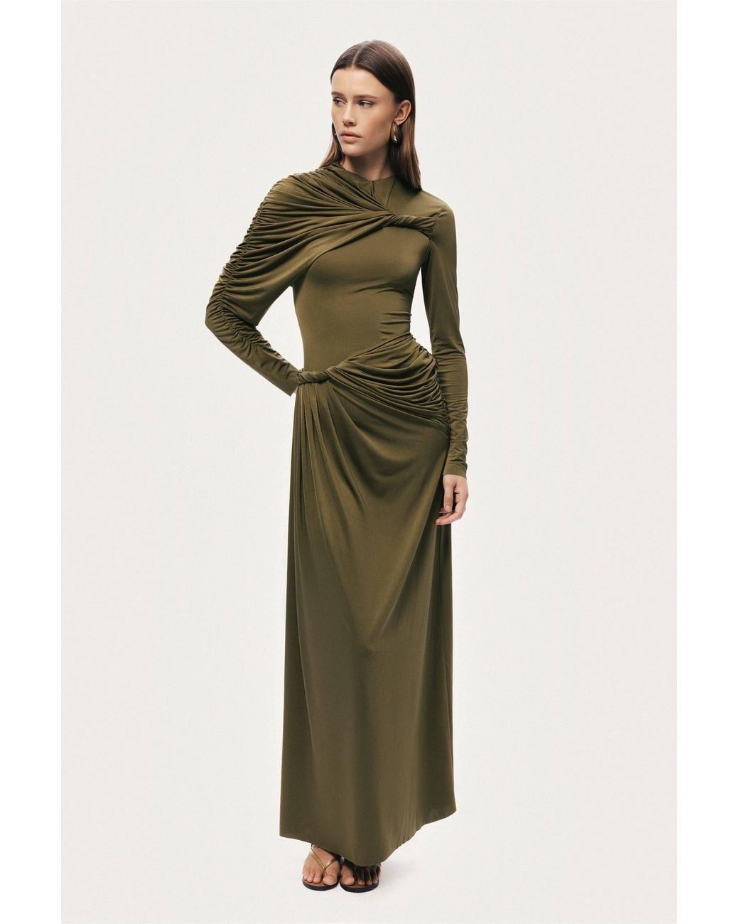 Nocturne Green Neutrals Draped Long Sleeve Maxi Dress