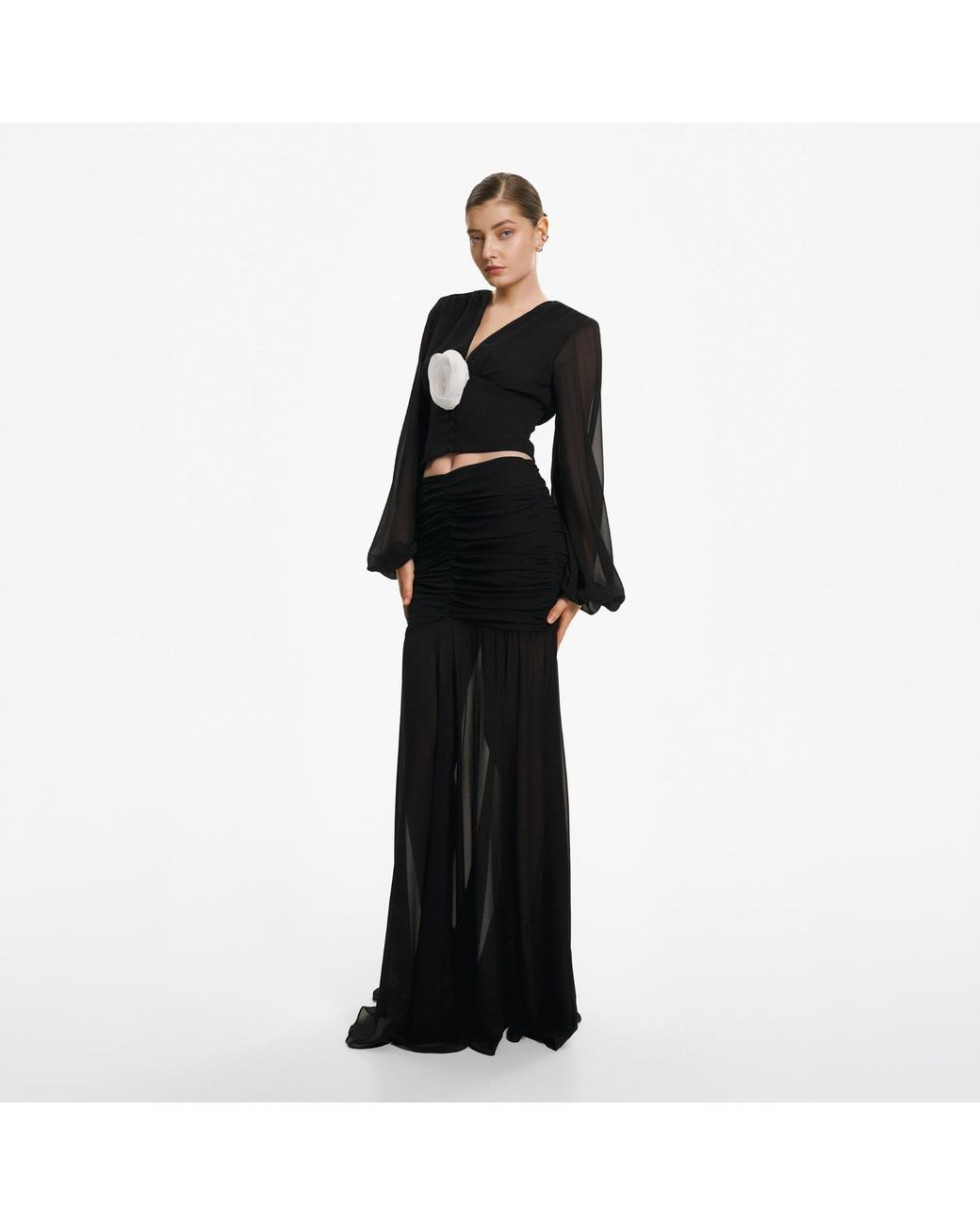 Lita Couture Black Ample-Sleeve Georgette Silk Top