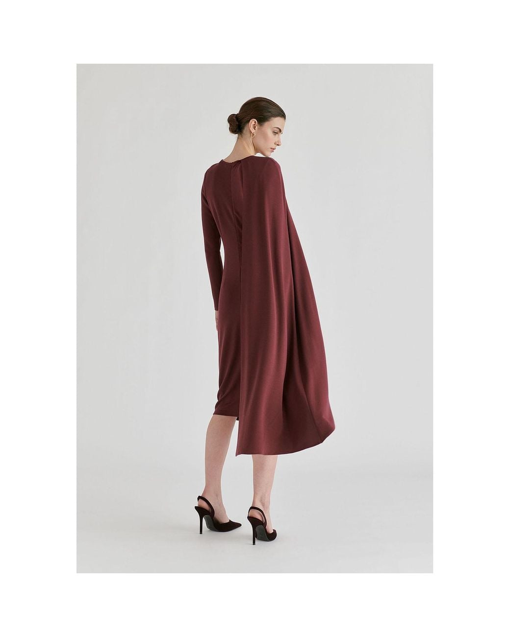 Paisie Red Asymmetrical Cape Sleeve Lyocell Jersey Midi Dress