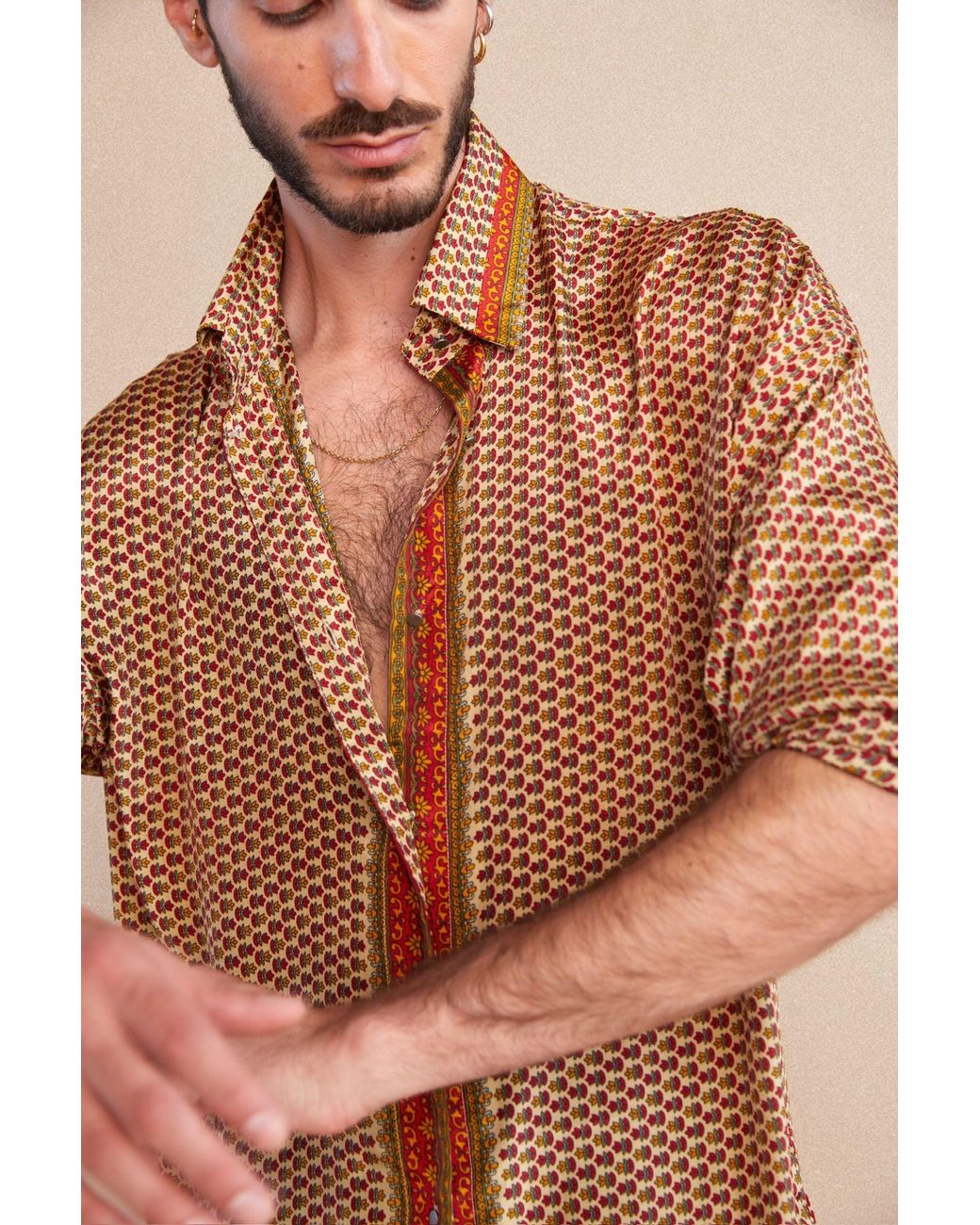 Monzlapur New York Brown Embossed Oriental Motif Long Sleeve Shirt for men