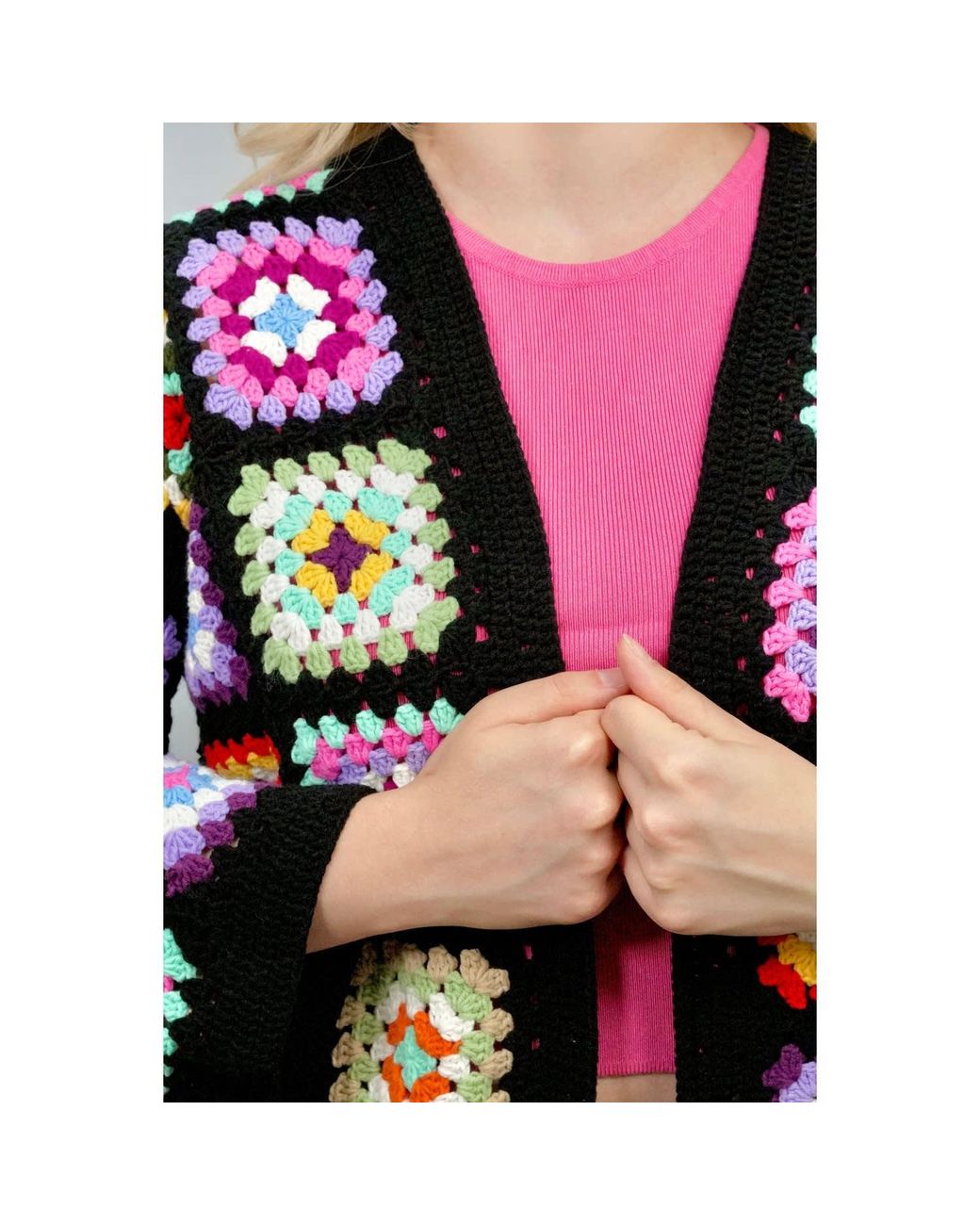 Ana Chic Black Ground Granny Square Handmade Crochet Cardigan