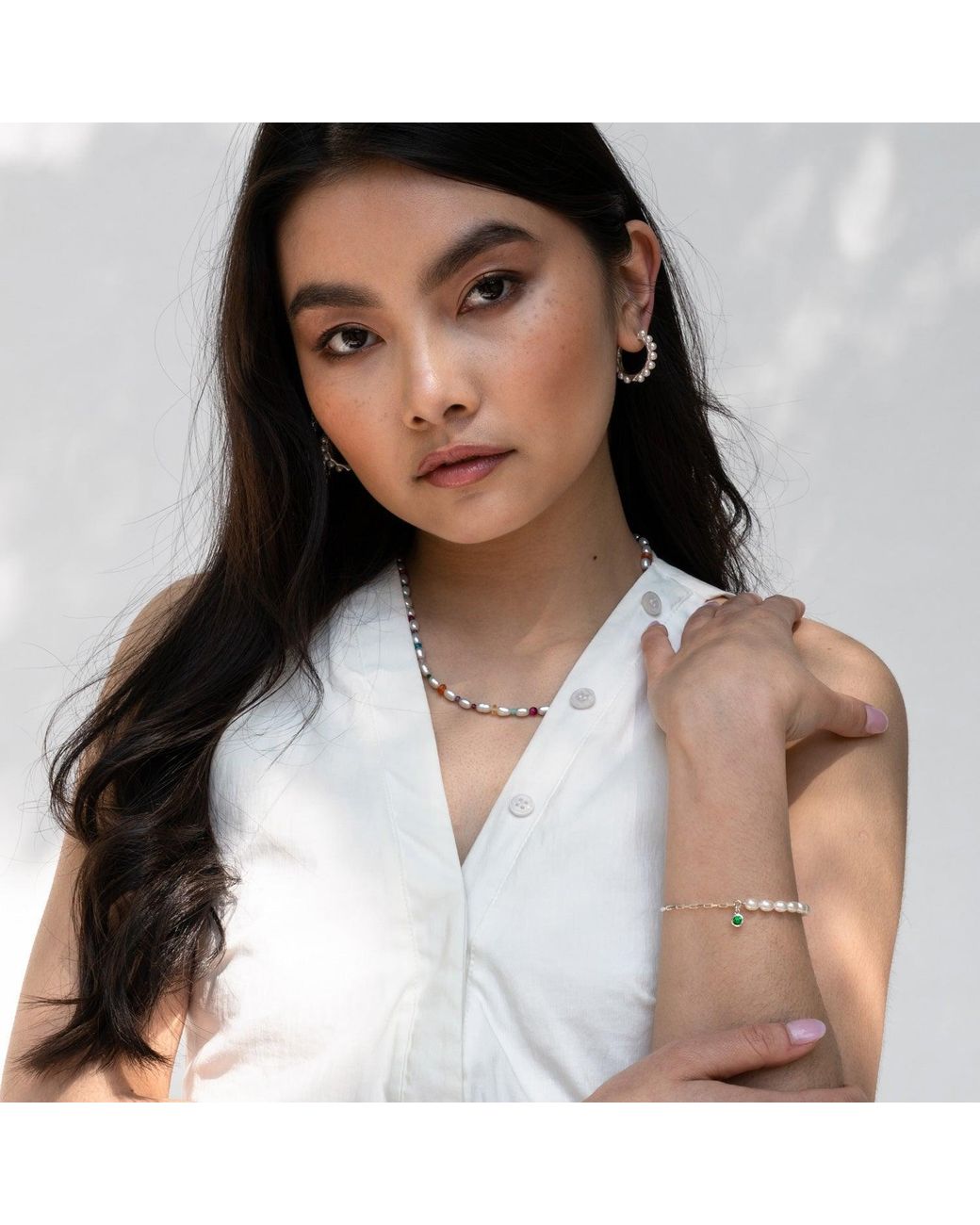 Dower & Hall White Luna Pearl & Garnet Charm Bracelet