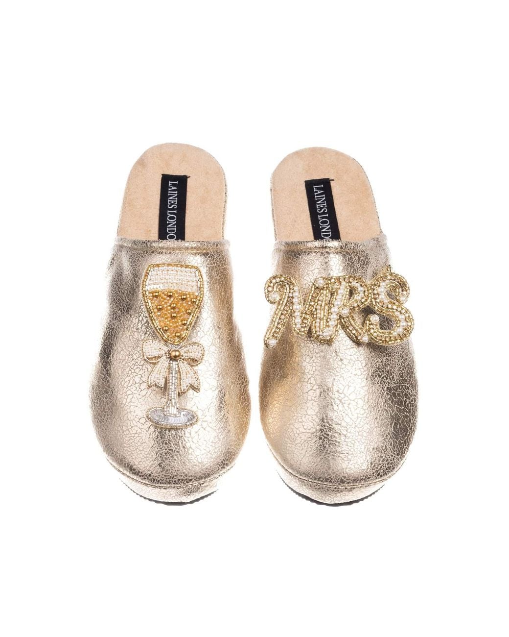 Laines London Natural Softie Slippers With Wedding Champers & Mrs Brooches