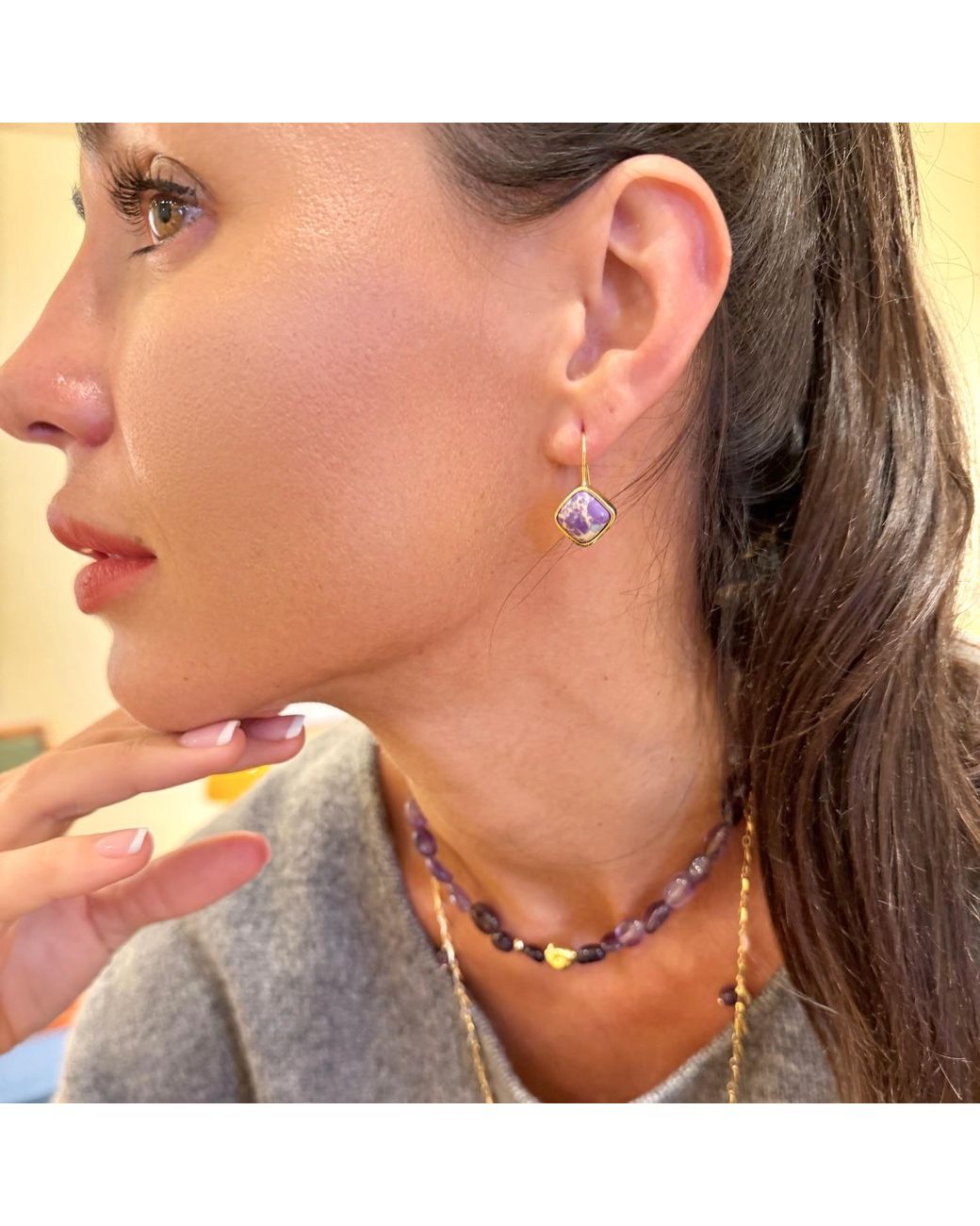 Farra Purple Minimalist Square Shaped Imperial Jasper Hoop Earrings