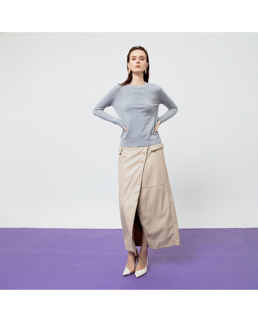 Ats the Label Natural Neutrals Beatrix Creme Faux Leather Midi Skirt