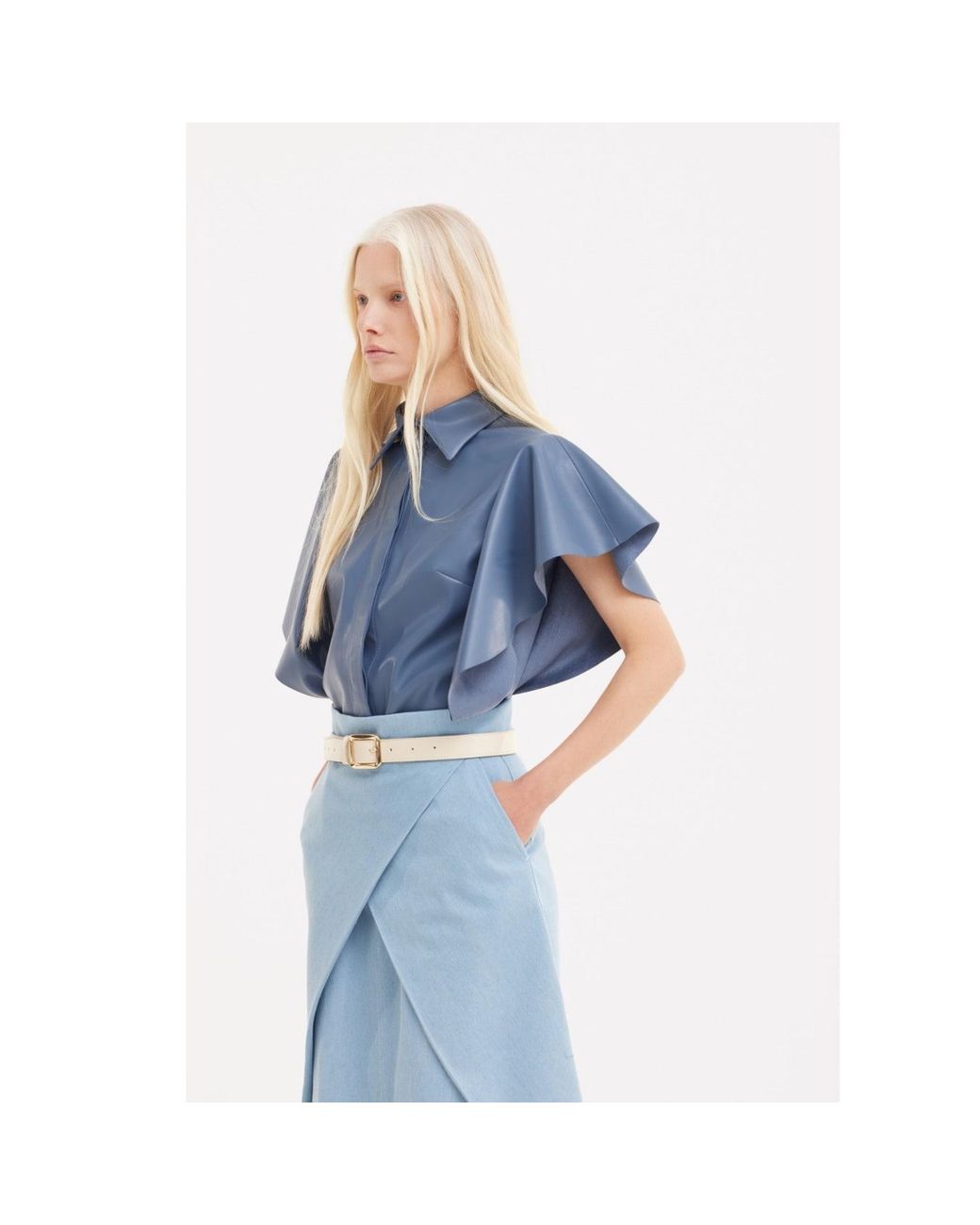 Julia Allert Blue Draped Faux Leather Shirt – Pale
