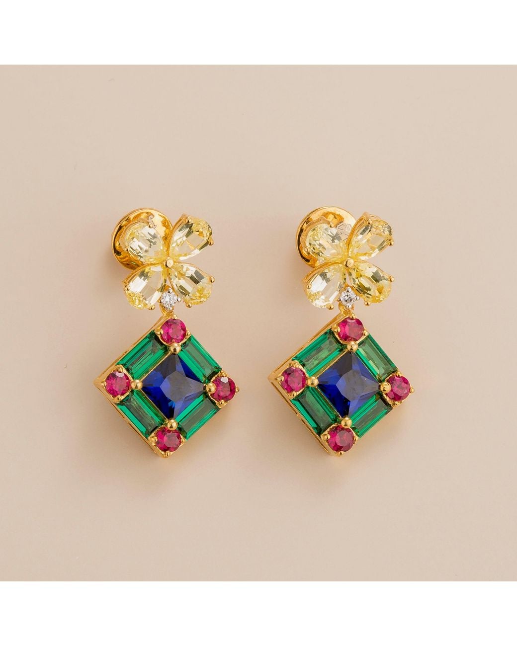 Juvetti Green Medina Earrings In Yellow Sapphire, Royal Blue Sapphire, Emerald And Diamond