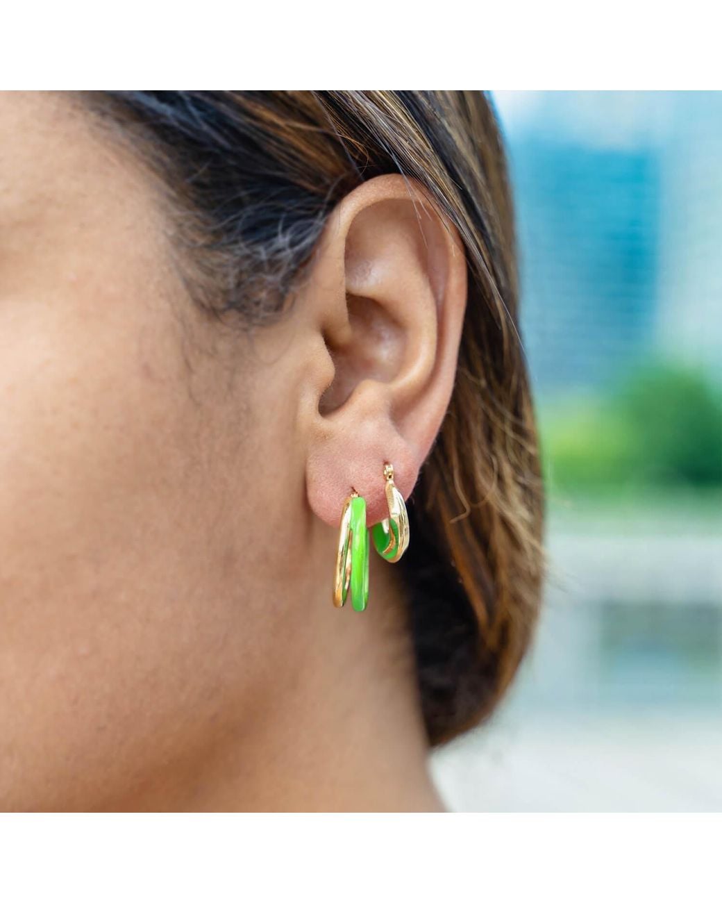 Gold & Honey Green Double Hoop Earrings