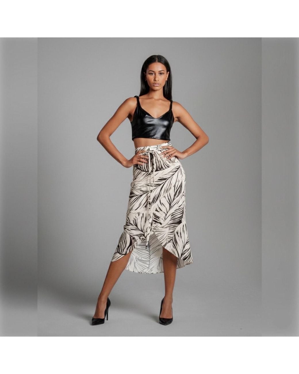Imaatu Gray Neutrals Drape Tropical Print Asymmetrical Wrap Midi Skirt Butter