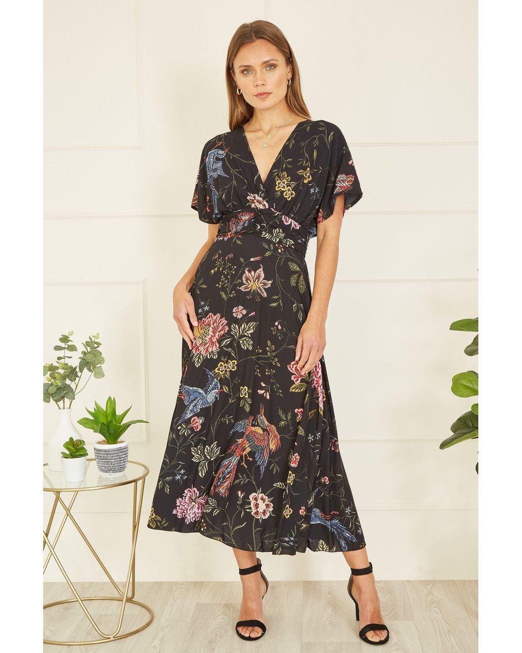 Yumi' Black Viscose Bird & Floral Print Kimono Midi Dress