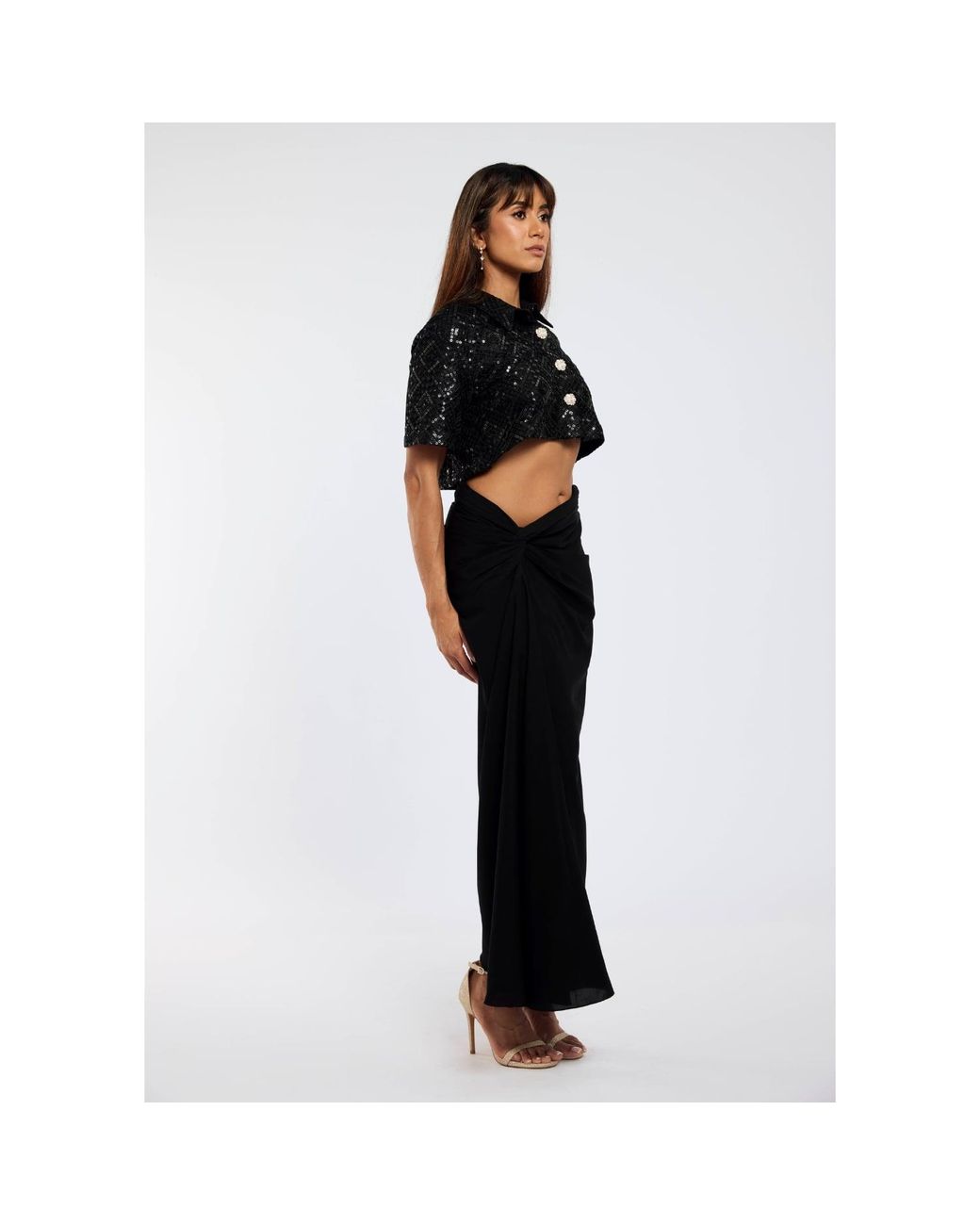International Appeal Black Sari-Draped Maxi Skirt