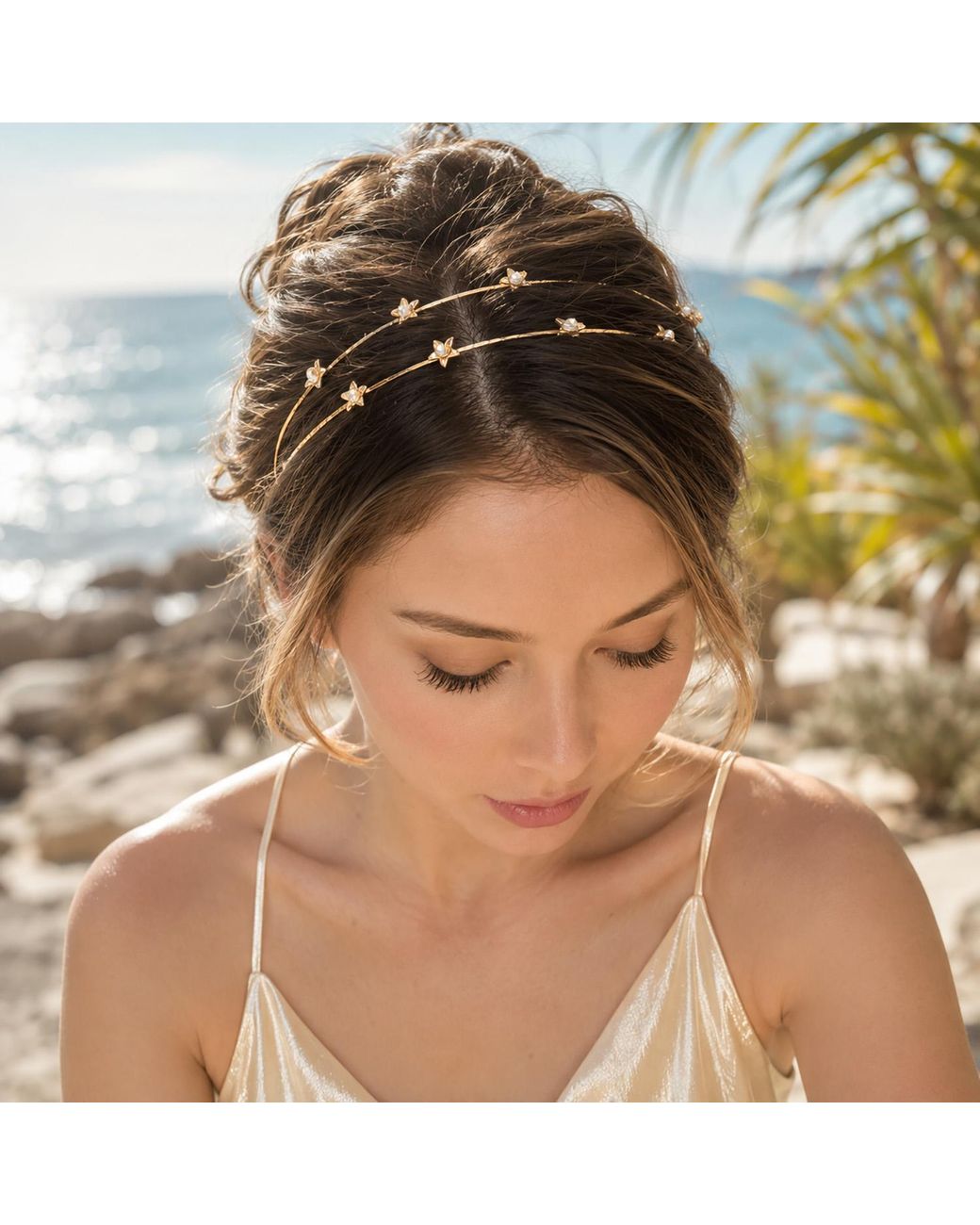 Rare Matters Jewelry Metallic Freshwater Pearl Flower Double Wire Headband