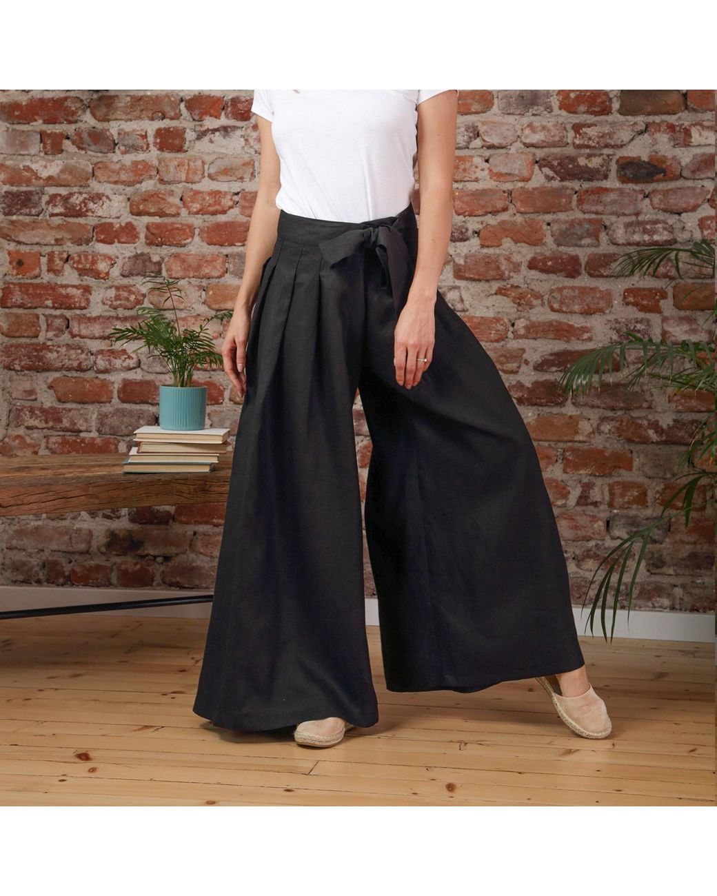 Nikka Place Black Wrap Around Wide Leg Linen Pants With Front Tie