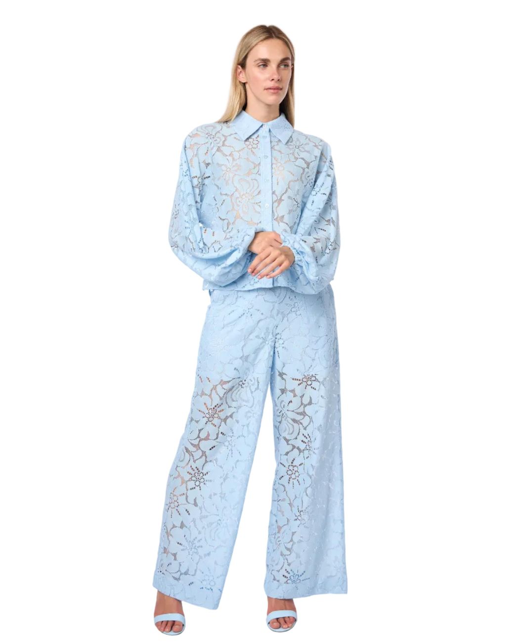 Carloslines Blue Oversized Balloon Sleeve Button Down Lace Shirt W/ Shirttail