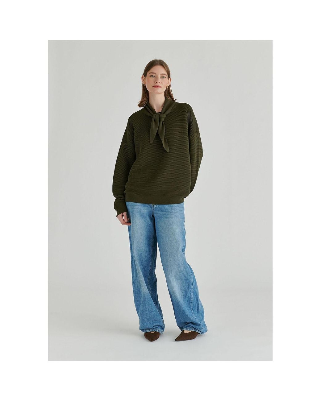Paisie Green Ribbed Jumper With Attached Scarf Tie