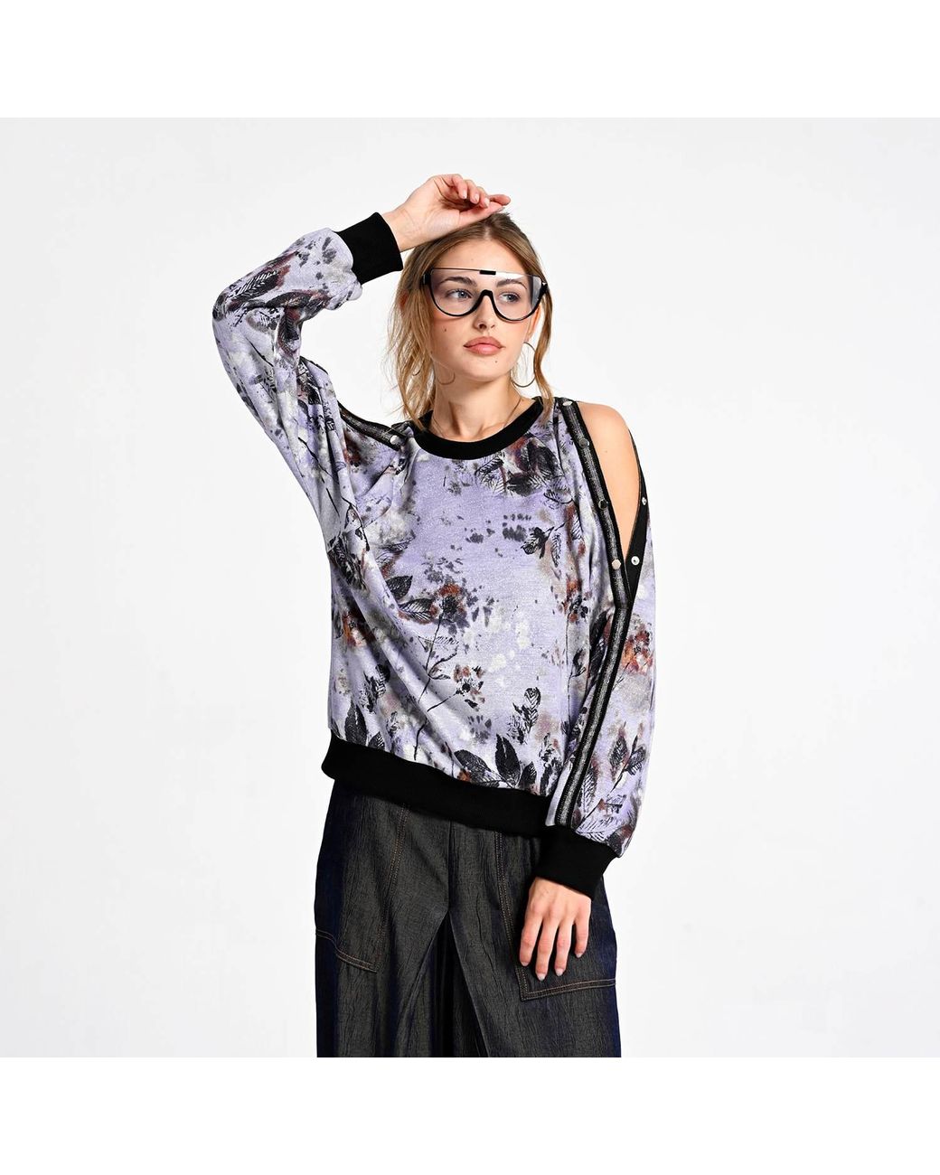 Lalipop Design Blue Floral Print Sweatshirt With Snap-Button Shoulder Detail