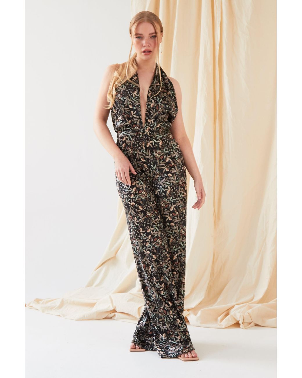 Sarvin Multicolor Floral Velvet Backless Jumpsuit