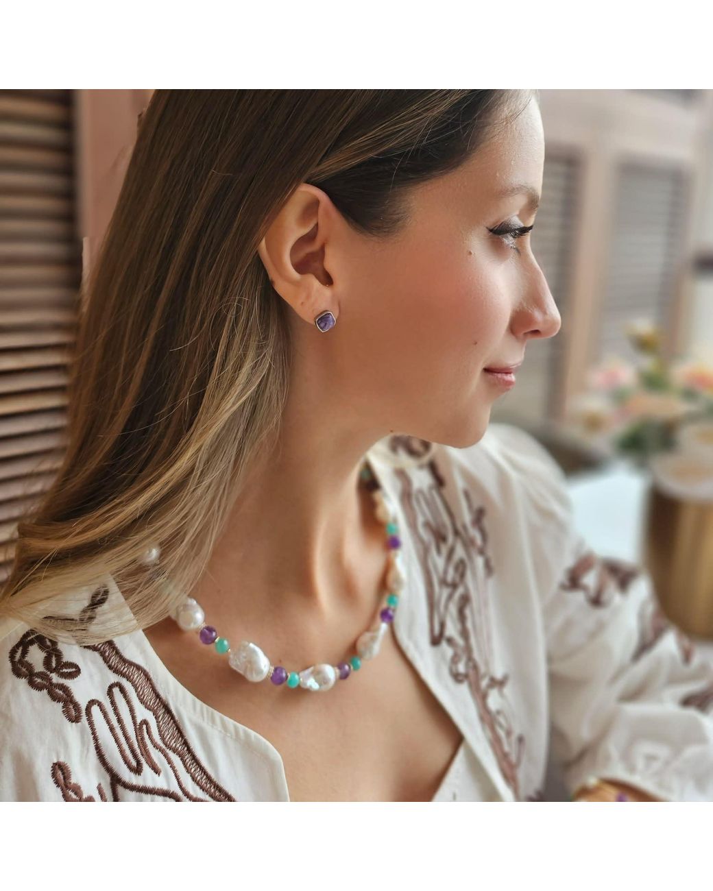 Farra Blue Elegant Baroque Pearls With Amethyst & Amazonite Necklace