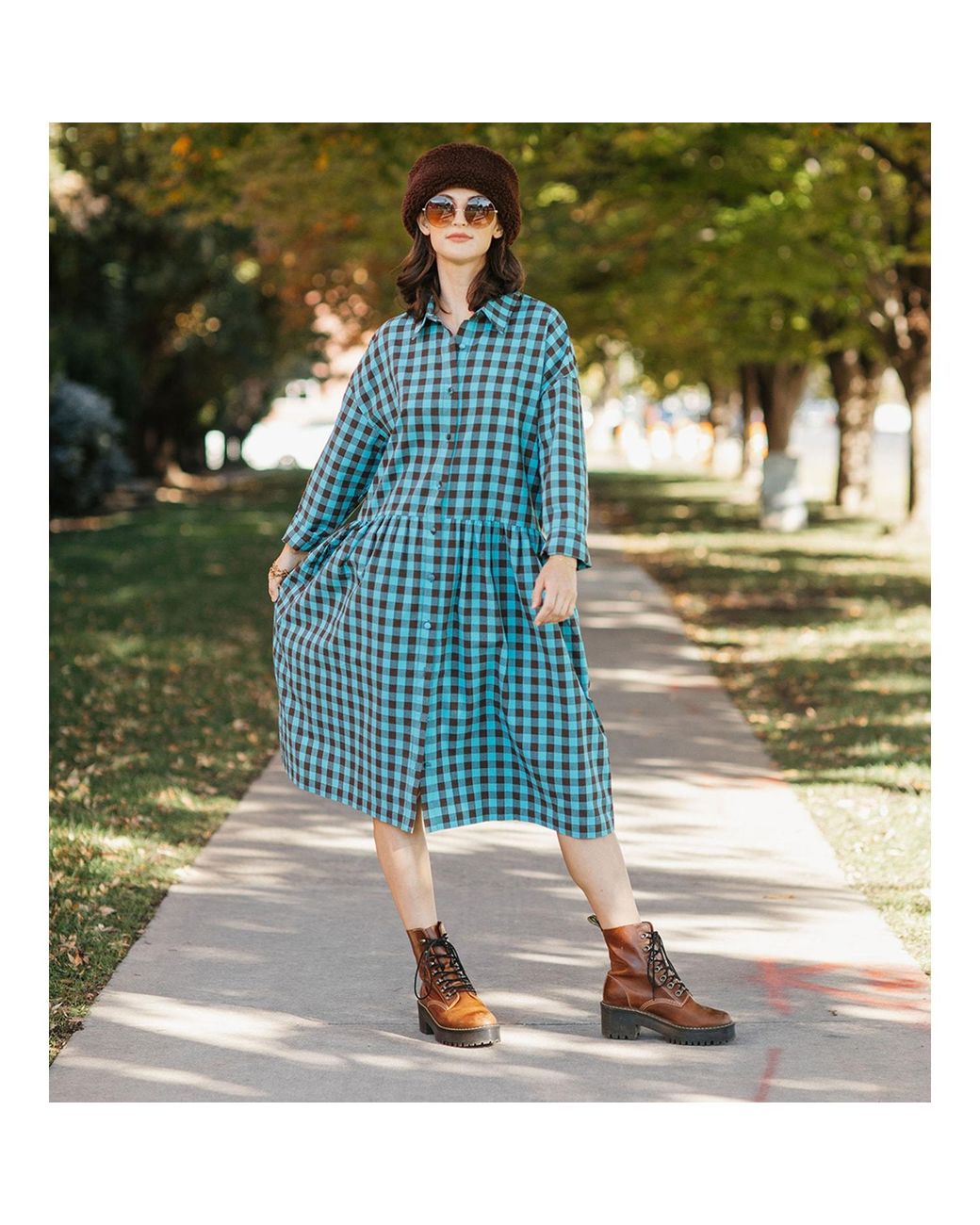 Zenzee Blue Cotton Linen Gingham Shirt Dress