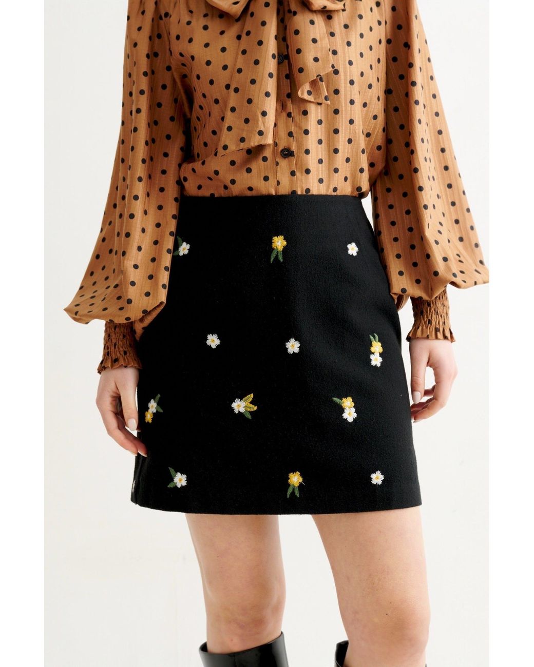 Louche Blue Aubin Daisy Embroidered Tweed A-Line Skirt