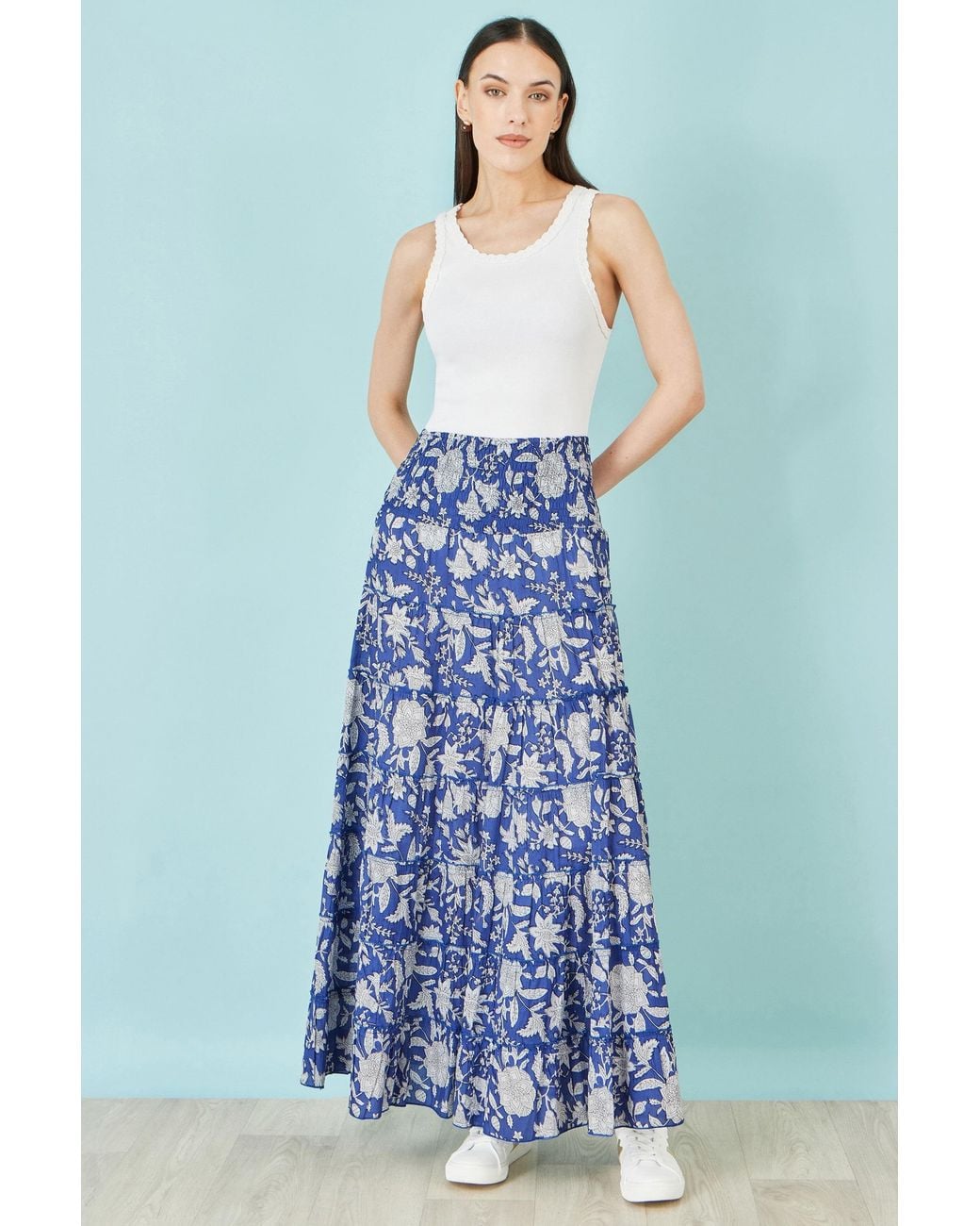 Yumi' Blue Floral Cotton Tiered Maxi Skirt