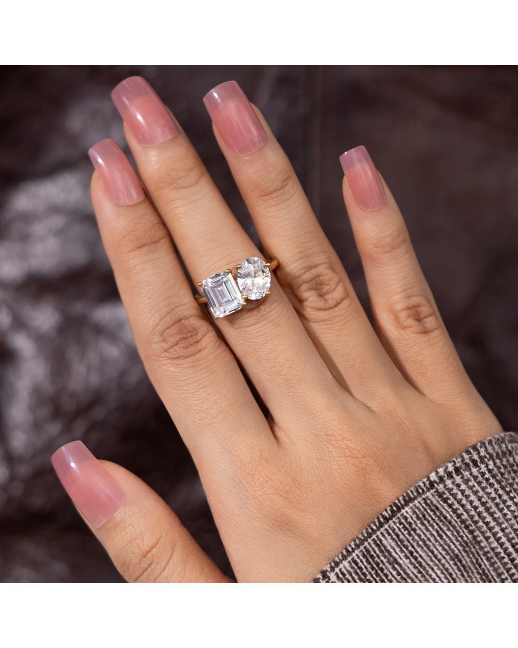 Diamonbliss Metallic Oval & Emerald Cut Two Stones Cocktail Ring