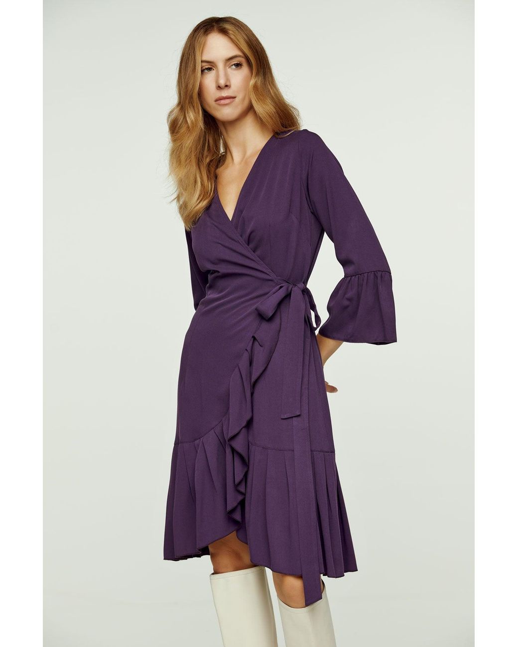 Conquista Purple Aubergine Wrap Dress Viscose With Bell Sleeves