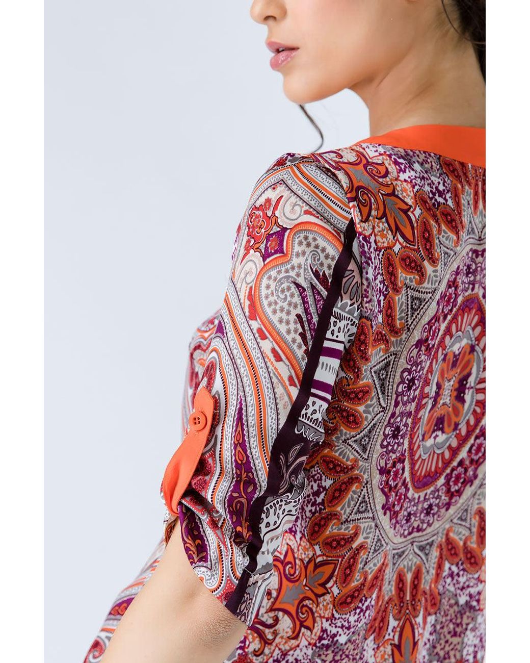 Conquista Red Print Poplin Top With Trim