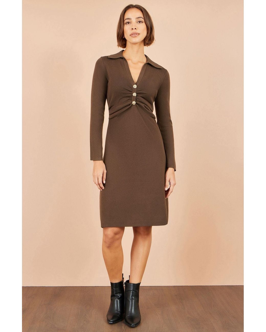 Yumi' Brown Knitted Ruched Collar Dress