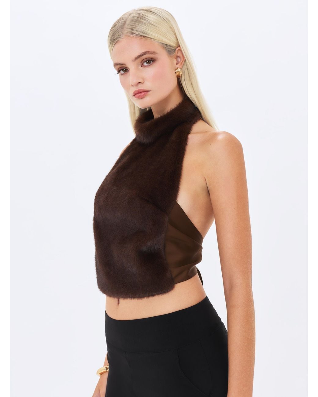 Miss Circle New York Black Xeriah Espresso Faux Mink Fur Backless Halter Top