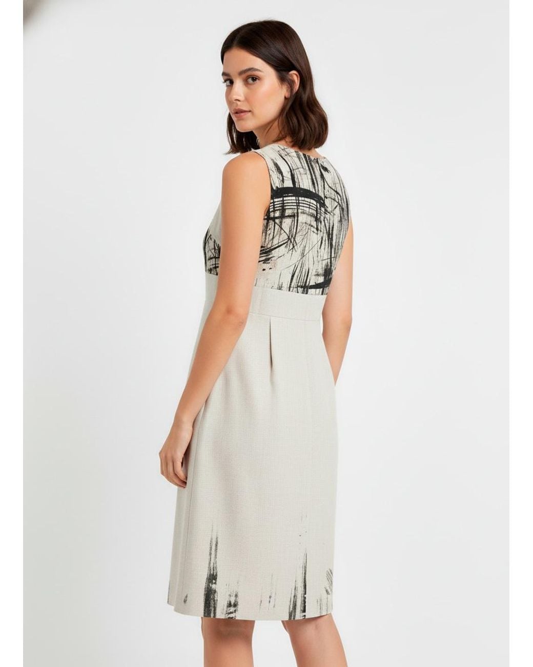 Conquista Natural Neutrals Sleeveless Dress With Artistic Print