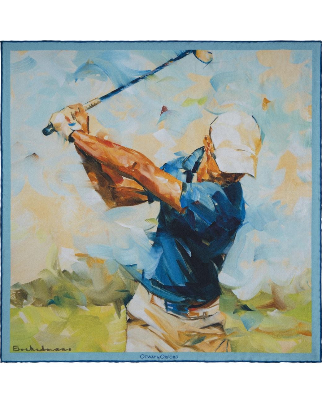 Otway & Orford Blue 'Golf Swing' Silk Pocket Square. Full-Size for men