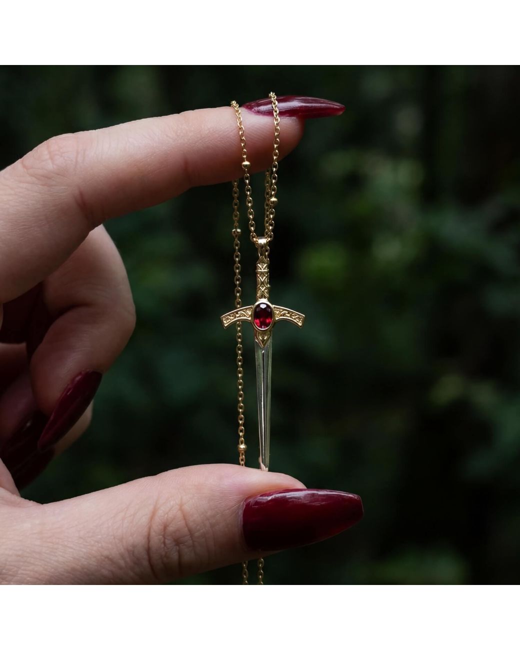 Azura Jewelry New York White Oathblade Garnet Sword Necklace Vermeil