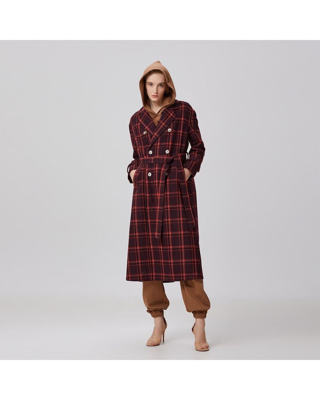 Smart and Joy Red Double Breasted Checks Coat