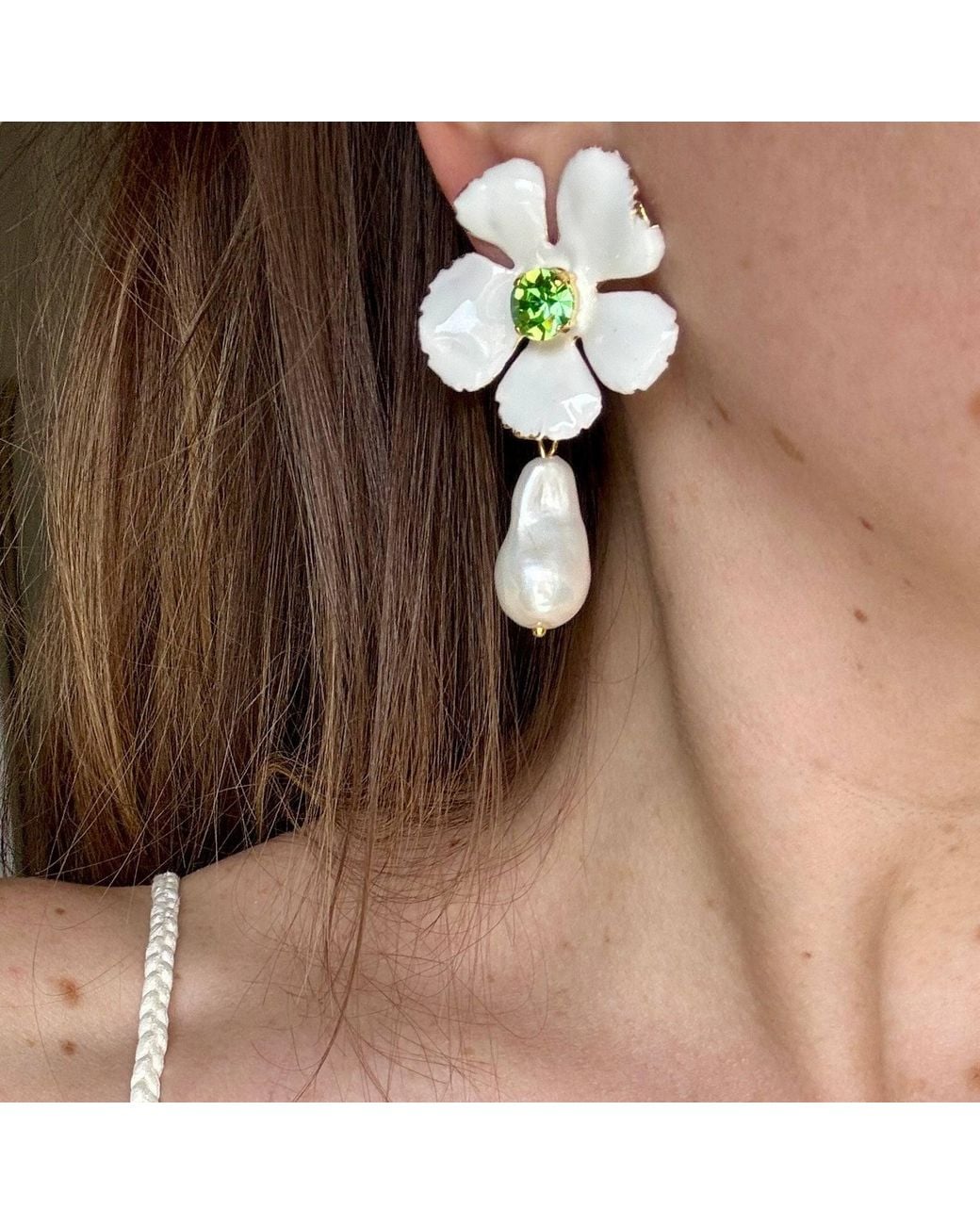 Laura Gray Green Enamel Flower Pearl Drop Post Earrings