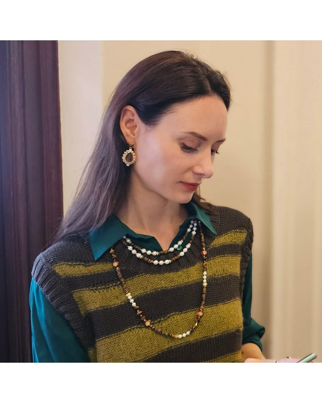 Farra Metallic Tiger Eye Stone With Zircon Statement Earrings