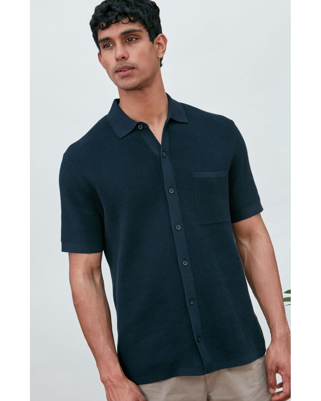 Paul James Knitwear Blue Lightweight Cotton Franki Waffle Knit Shirt for men