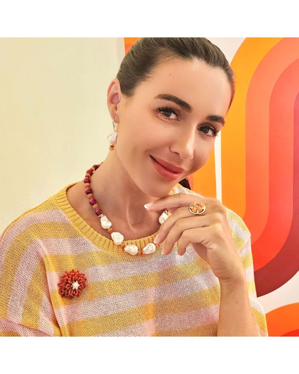 Farra Red Flower Handcrafted Bamboo Coral Brooch