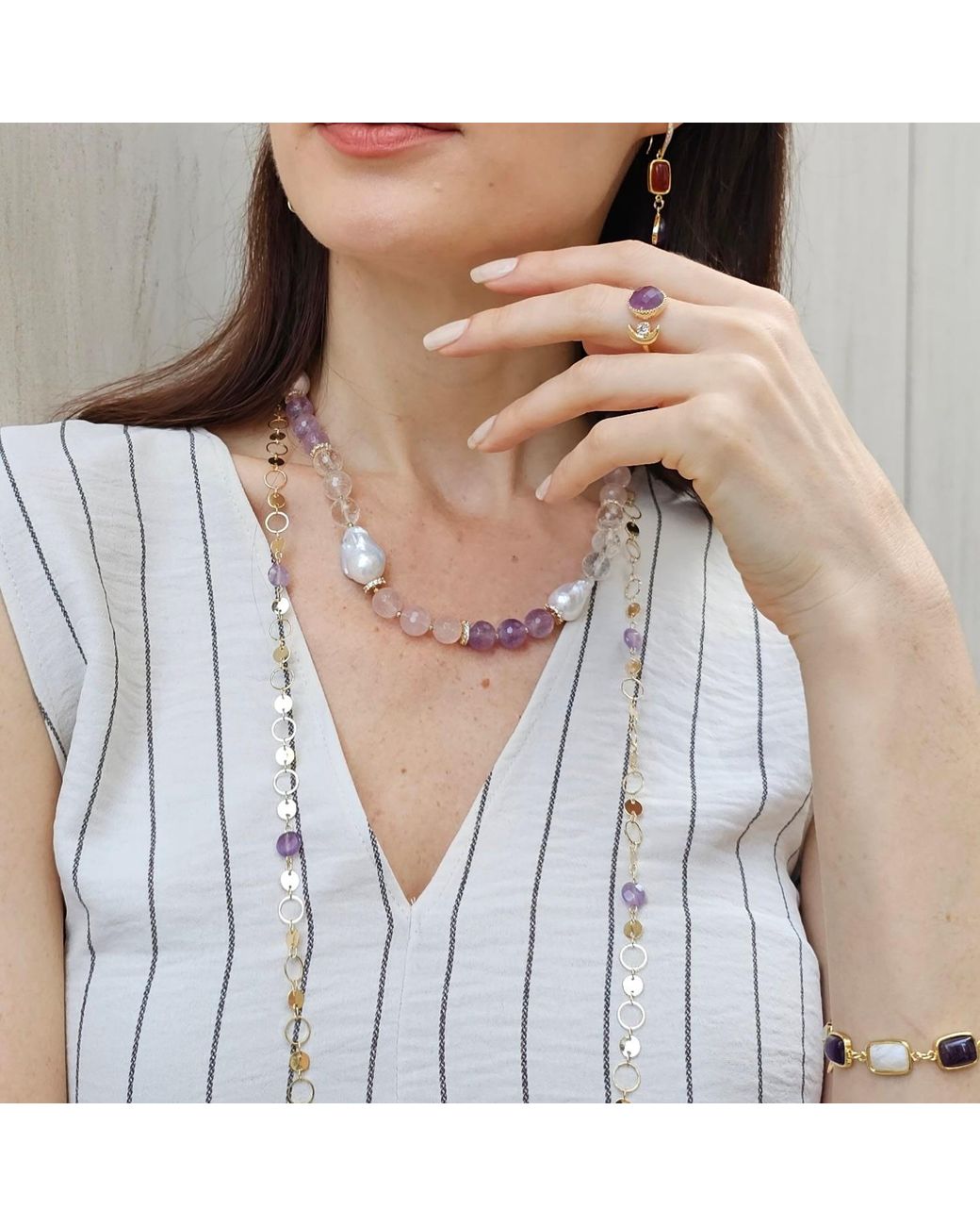 Farra Metallic Rose Quartz And Amethyst With Baroque Pearls Necklace