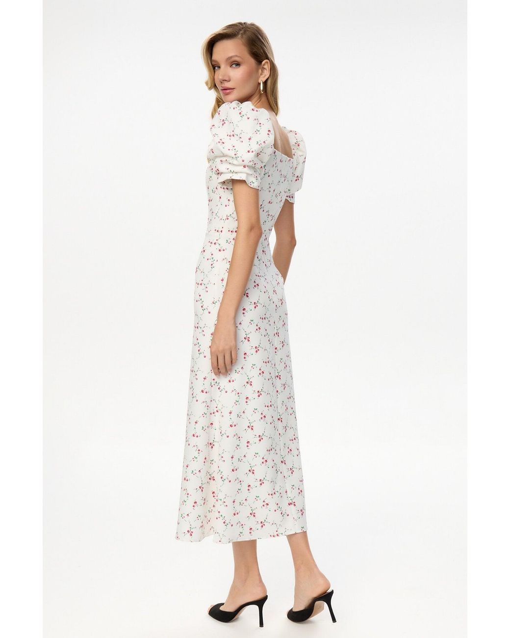 POST MERIDIEM White Raspberries Godet Silhouette Square Neck Midi Dress