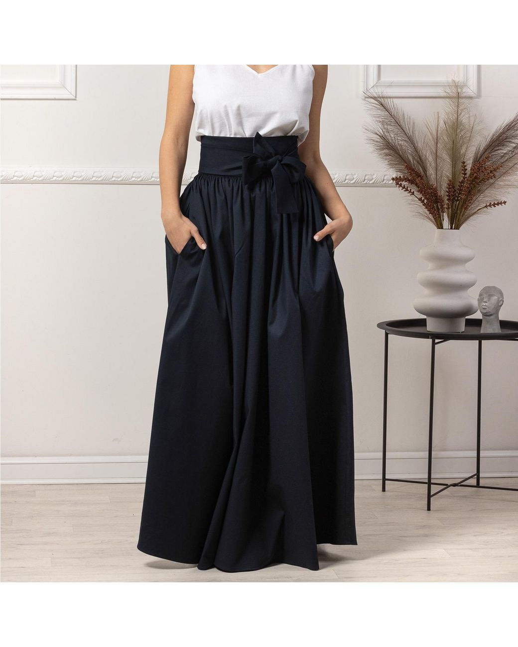 Nikka Place Blue Long Flared Skirt With High Waist & Front Bow