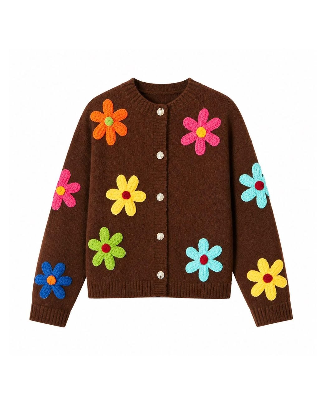 Yumi' Brown Knitted Flower Applique Cardigan
