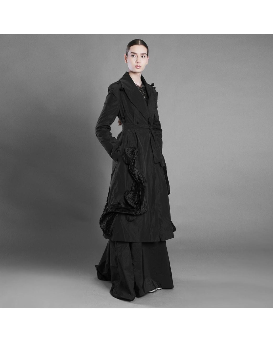 Silvia Serban Black Metallic Thread Taffeta Trench Dress