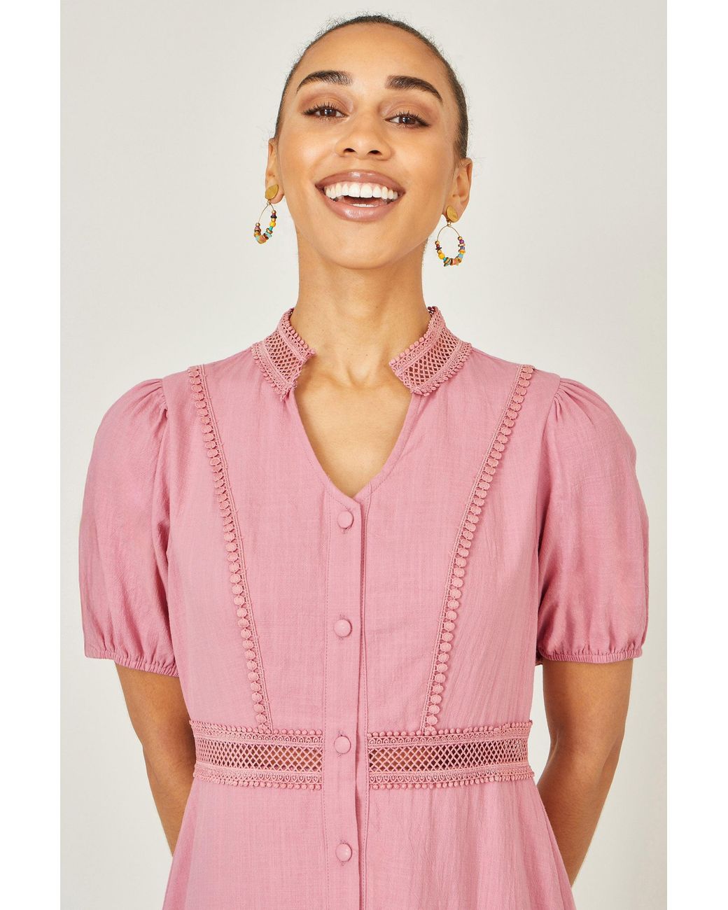 Yumi' Pink Cotton Lace Trim Skater Shirt Dress