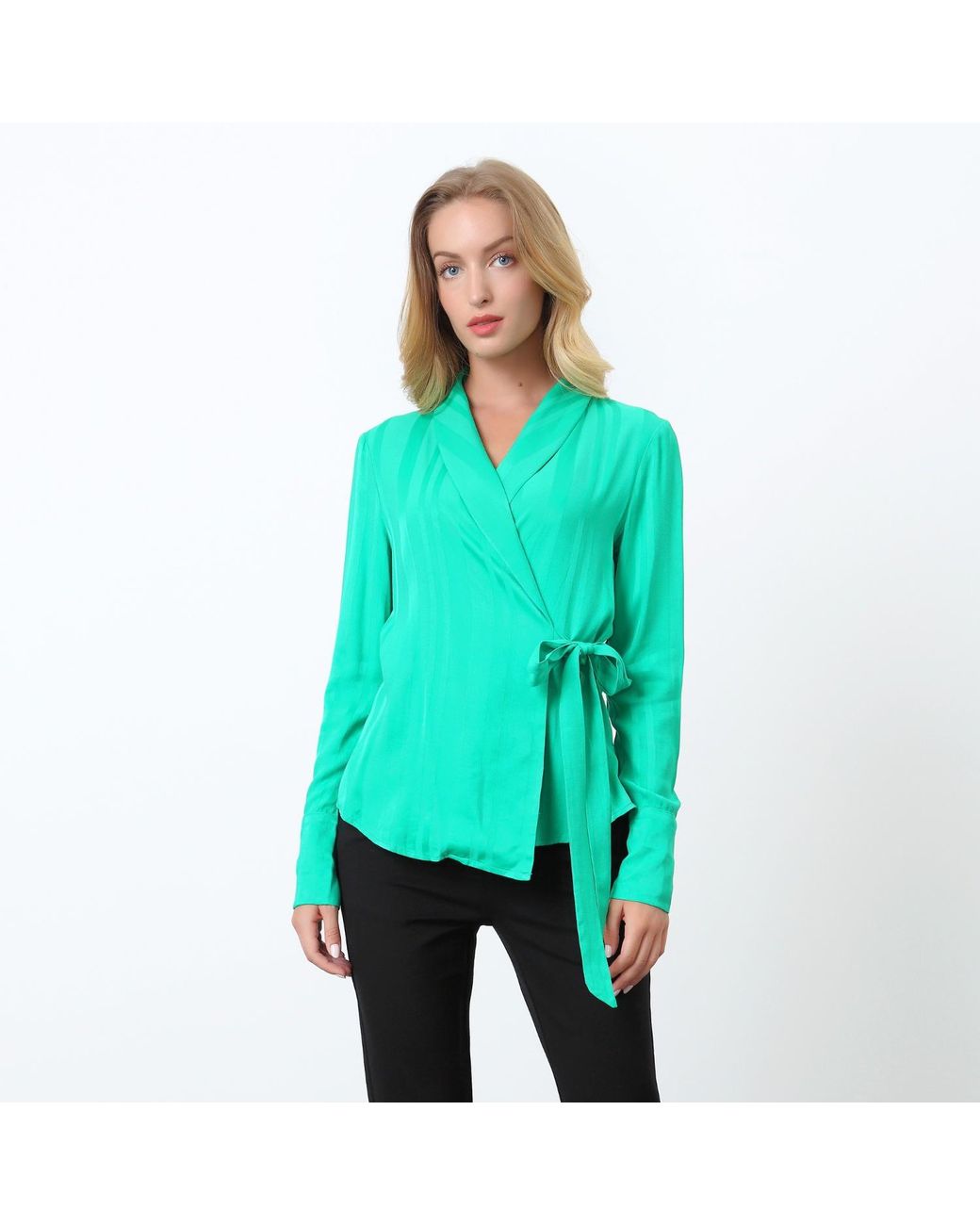 Smart and Joy Green Warp Long Sleeves Blouse