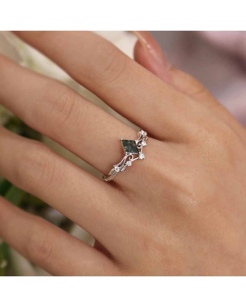 Azura Jewelry New York Victorian Lace Moss Agate Ring White Gold Vermeil©