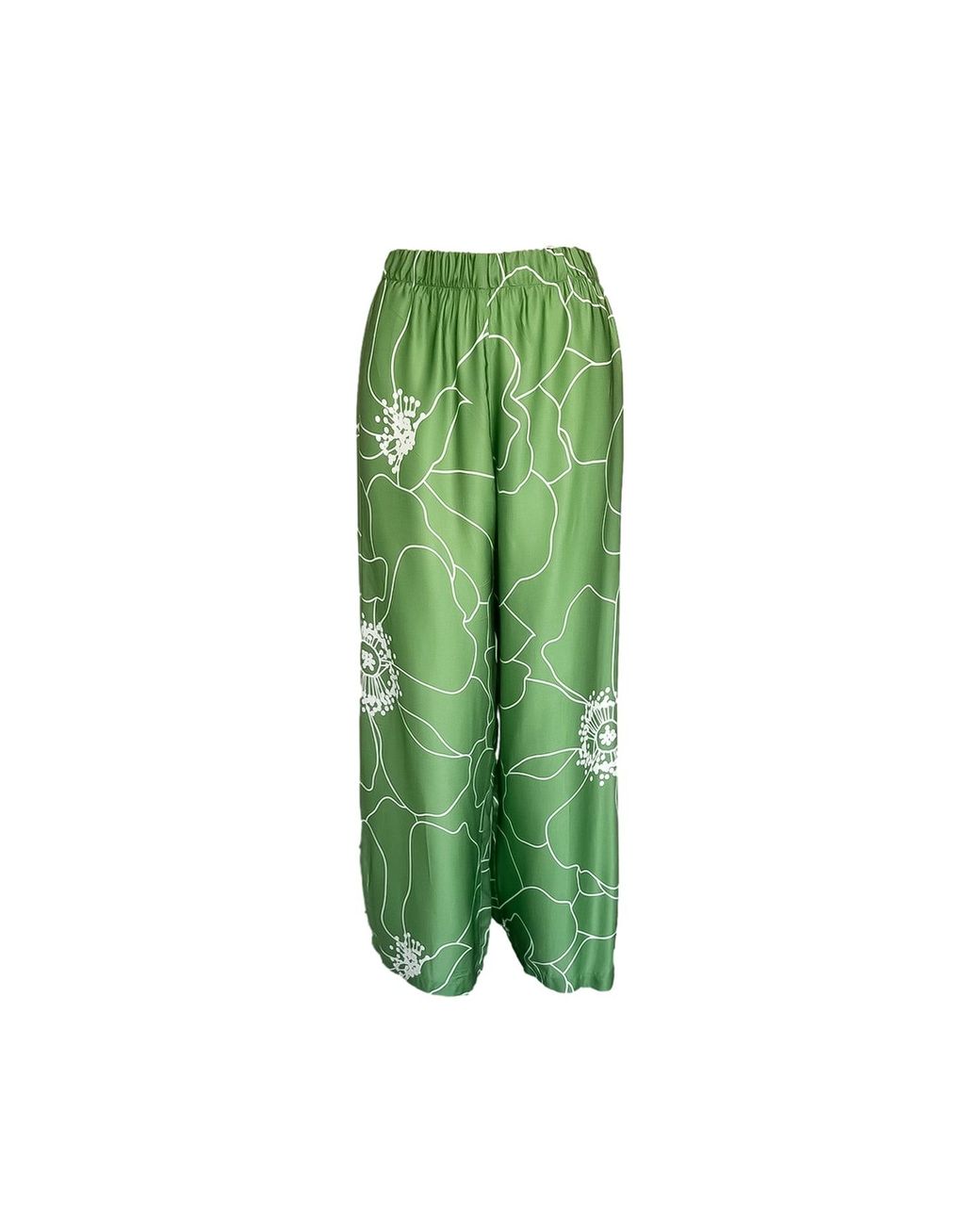 Haris Cotton Green Printed Satin Pants Peonies