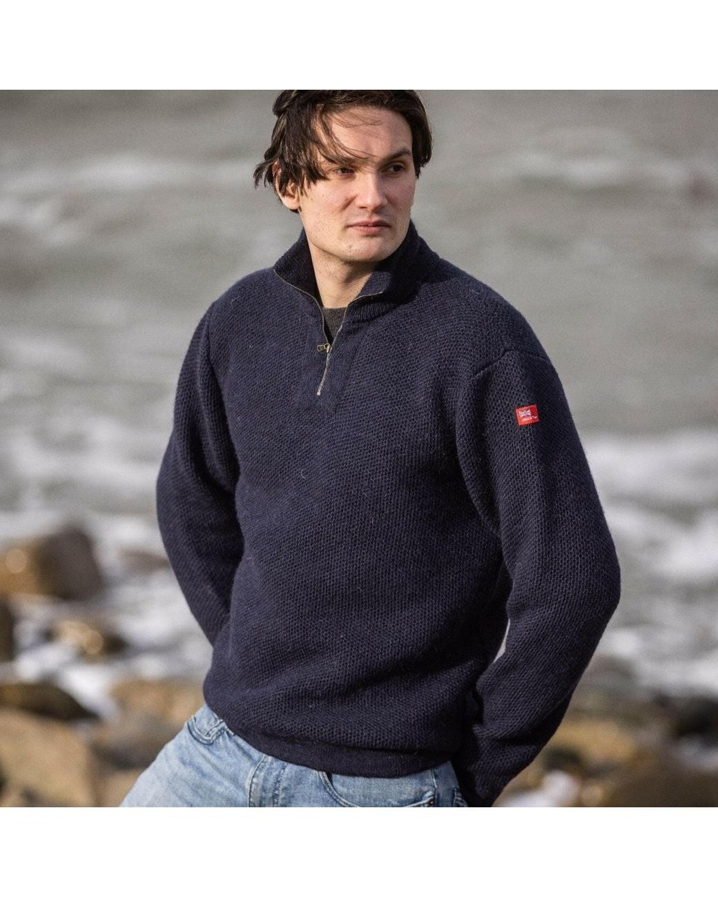 Arthur Beale Blue Zip Neck Jumper for men