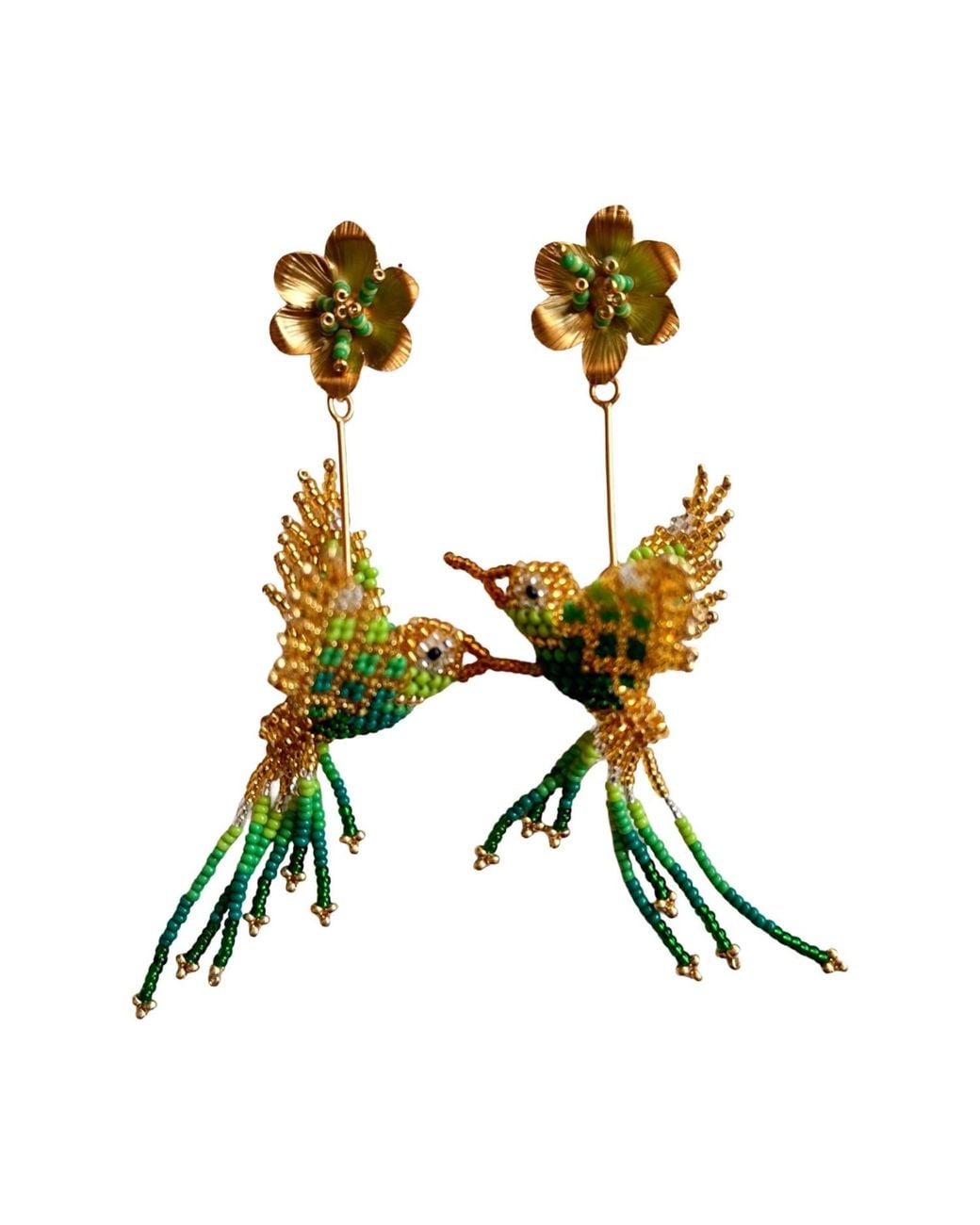 Iliana Arrazola Green Hummingbird Dangle Earrings, Glass Beads, Beaded Jewelry